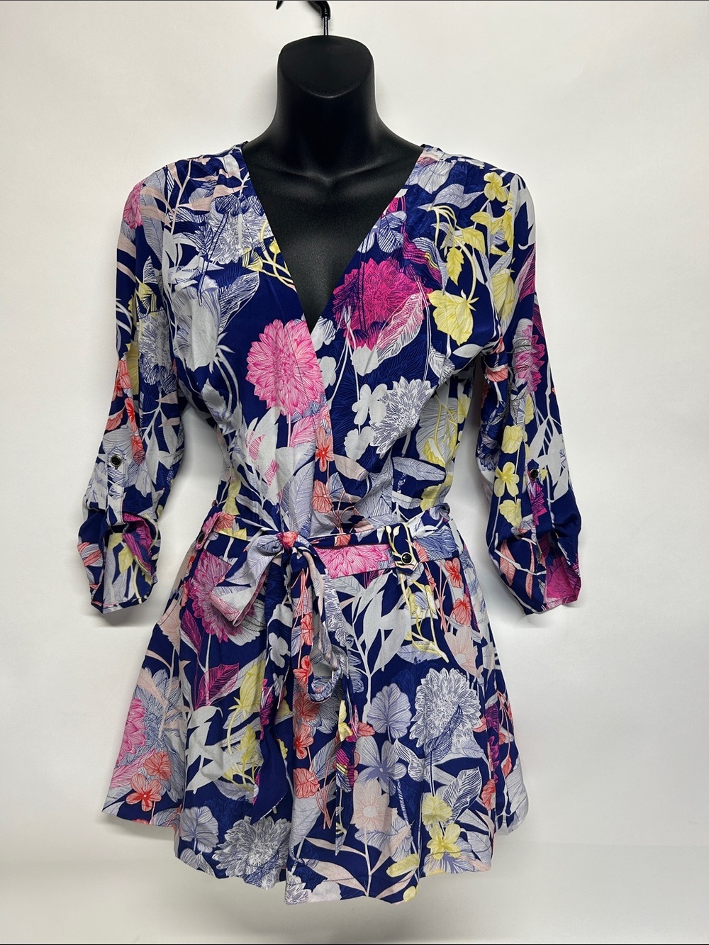 Yumi Kim Navy Floral Printed Wrap Romper silk Pink & Yellow Accents size 3 small